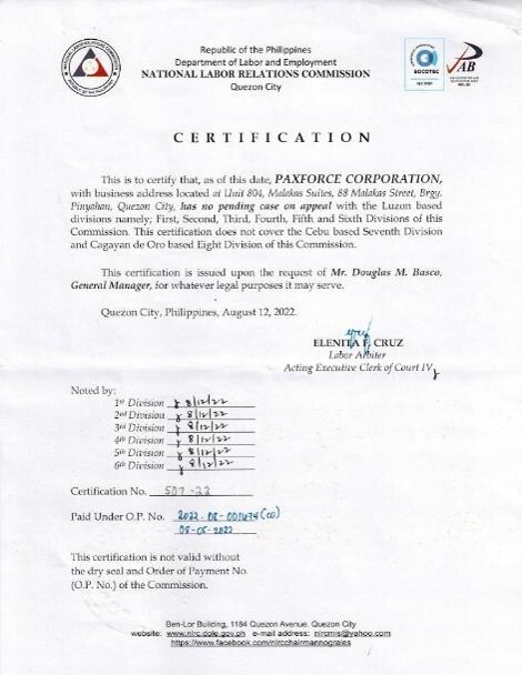 NO PENDING CASE CERTIFICATE - NLRC